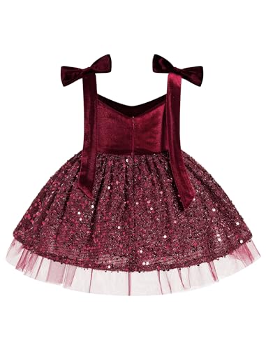 OBEEII Toddler Girls Velvet Sequins Bow Tie Fall Dress Christmas Birthday Party
