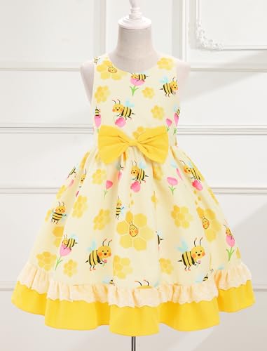 OBEEII Toddler Girls Cow/Strawberry/Peach Print Ruffle Dress for Birthday Party